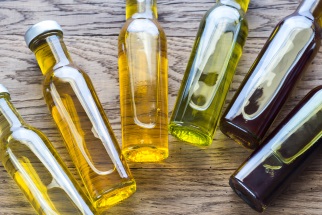 Small bottles of oil lying on a table